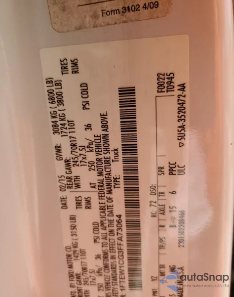 2015 Ford F150 Supercrew z USA, uszkodzony, nr VIN 1FTEW1CG3FFA73064